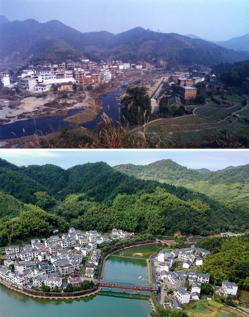 圖為浙江省杭州市淳安縣楓樹嶺鎮(zhèn)下姜村拼版圖，其中上圖為資料照片、下圖由新華社記者張鋮攝。